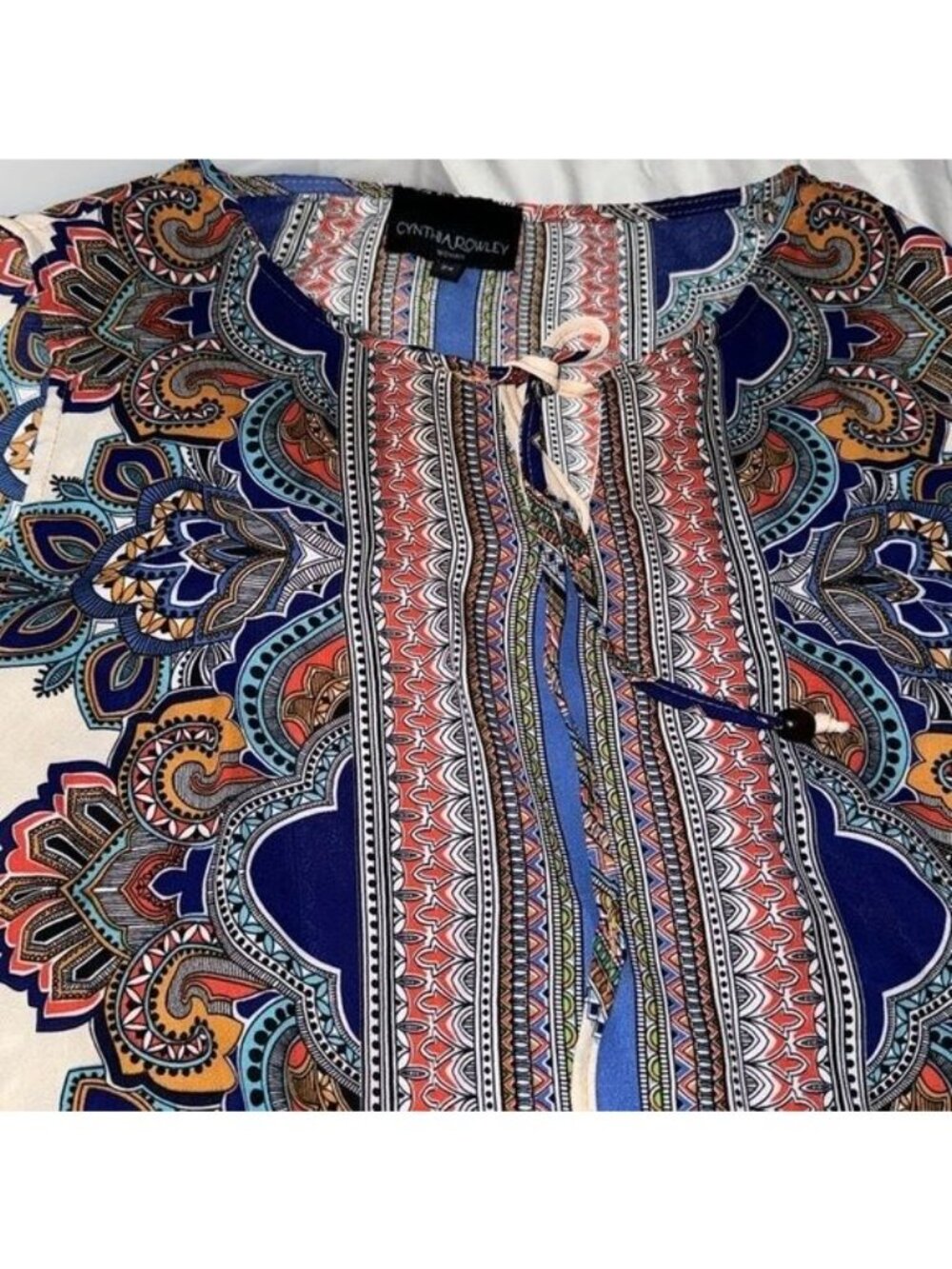 Cynthia Rowley Womens 2X Sleeveless Boho Print Top With Tie Neck & Vibrant Multi - Picture 2 of 9